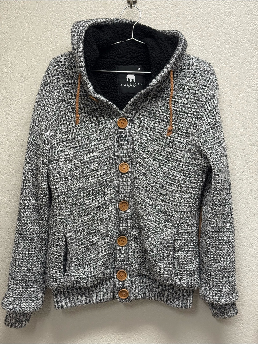 American Stitch Gray Hooded Knit Cardigan with Sherpa Lining M Pit 23” L 29”